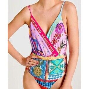 Farm Rio One Piece V-neck Cheeky Bathing Suit, Summer Stitches, Size S, New